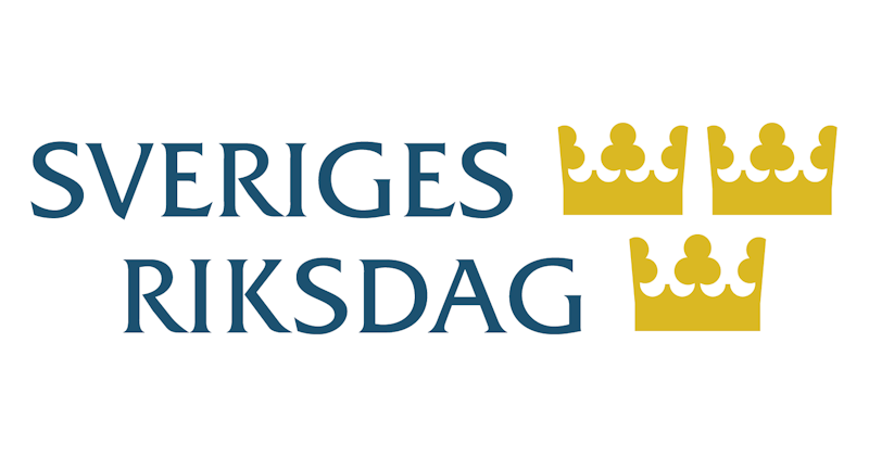 Sveriges riksdags logotyp med tre gula kronor på vit bakgrund.