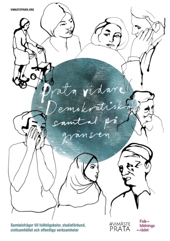 Linjeteckningar av människor som pratar, lyssnar och interagerar, med svensk textöverlägg om demokratisk dialog.