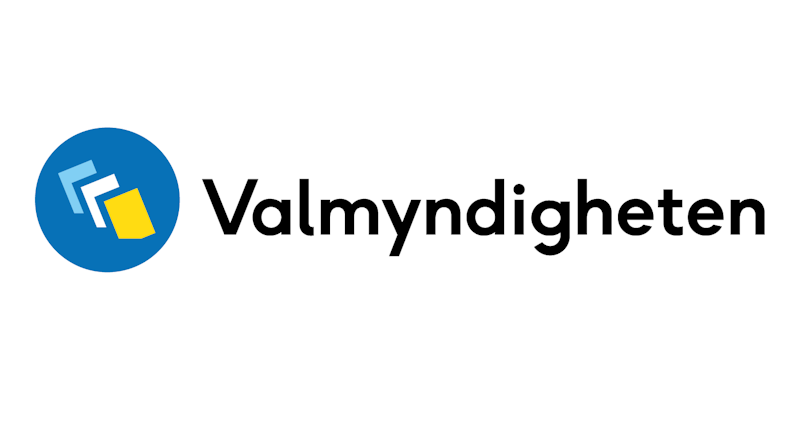 Valmyndighetens logotyp med tre staplade papper i en blå cirkel bredvid namnet i svart text.