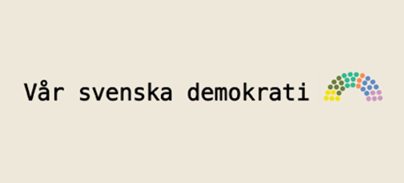 Text "Vår svenska demokrati" med färgglatt, halvcirkelformat prickmönster på beige bakgrund.