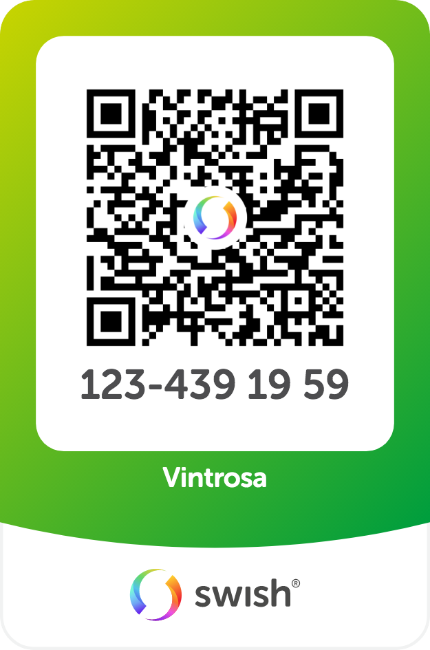 Swish QR-kod med nummer 123-439 19 59 och namnet Vintrosa på en grön och vit bakgrund.