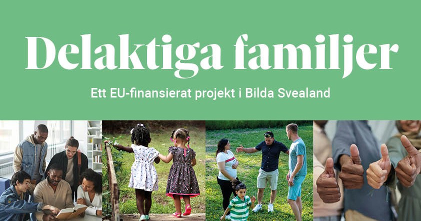 Collage av olika familjer som interagerar utomhus och inomhus, med tummen upp-gester och text om ett EU-finansierat projekt.
