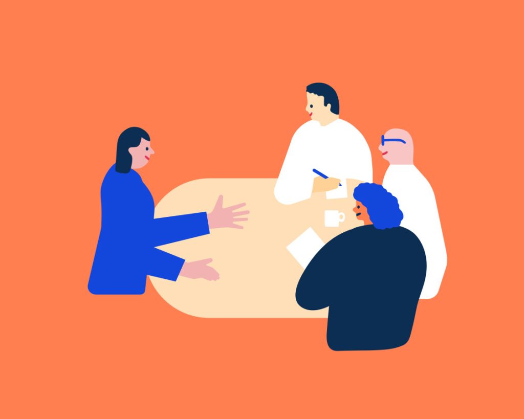 Illustration på personer runt ett bord som samtalar.
