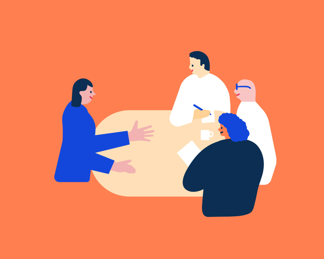 Illustration på personer runt ett bord som samtalar.