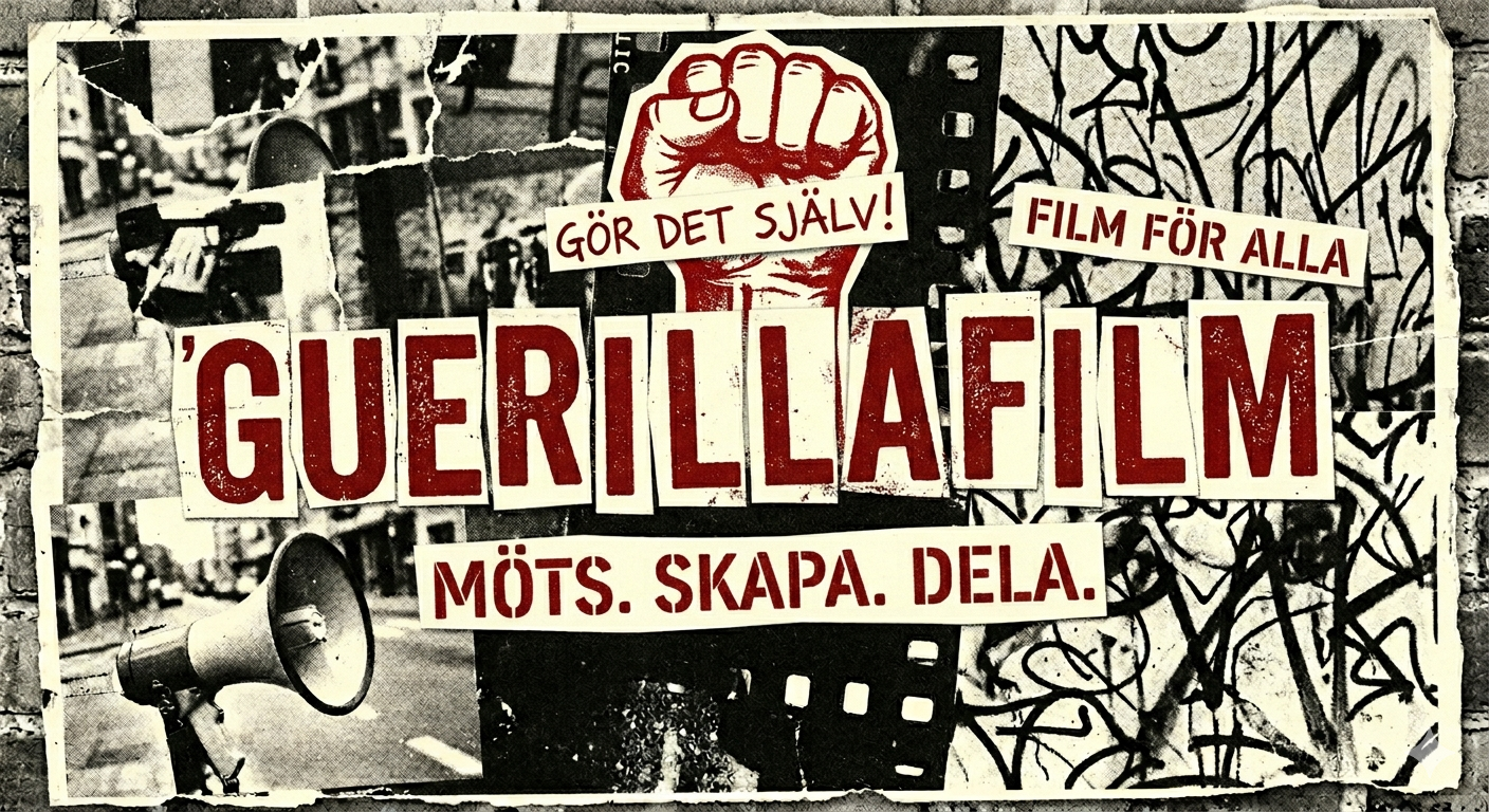 Affisch med en höjd näve, megafon och graffiti, texten lyder "Guerillafilm: Gör det själv! Film för alla.