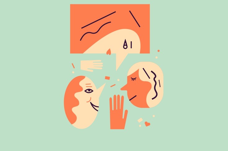 Illustration av två abstrakta ansikten som samtalar med en pratbubbla, händer som gestikulerar och små hjärtan på en mintfärgad bakgrund.