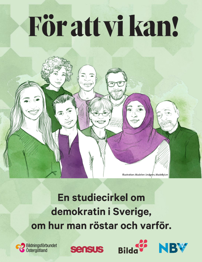 Illustration av en grupp olika människor med text om en studiecirkel om demokrati och röstning i Sverige.