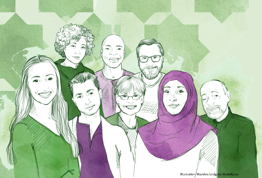 Illustration av en grupp med åtta personer som ler mot en grön geometrisk bakgrund.