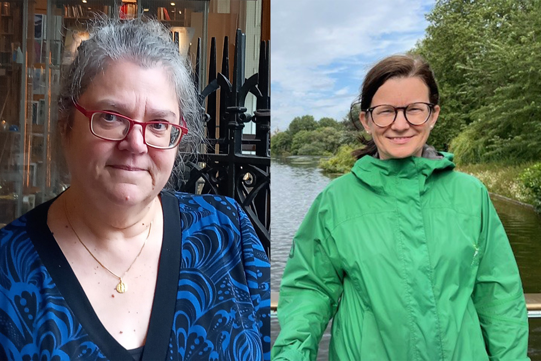 Två kvinnor sida vid sida; den ena inomhus med glasögon, den andra utomhus vid vattnet i grön jacka och glasögon.