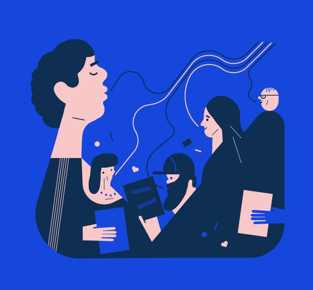 illustrationer med flera personer som sjunger. 