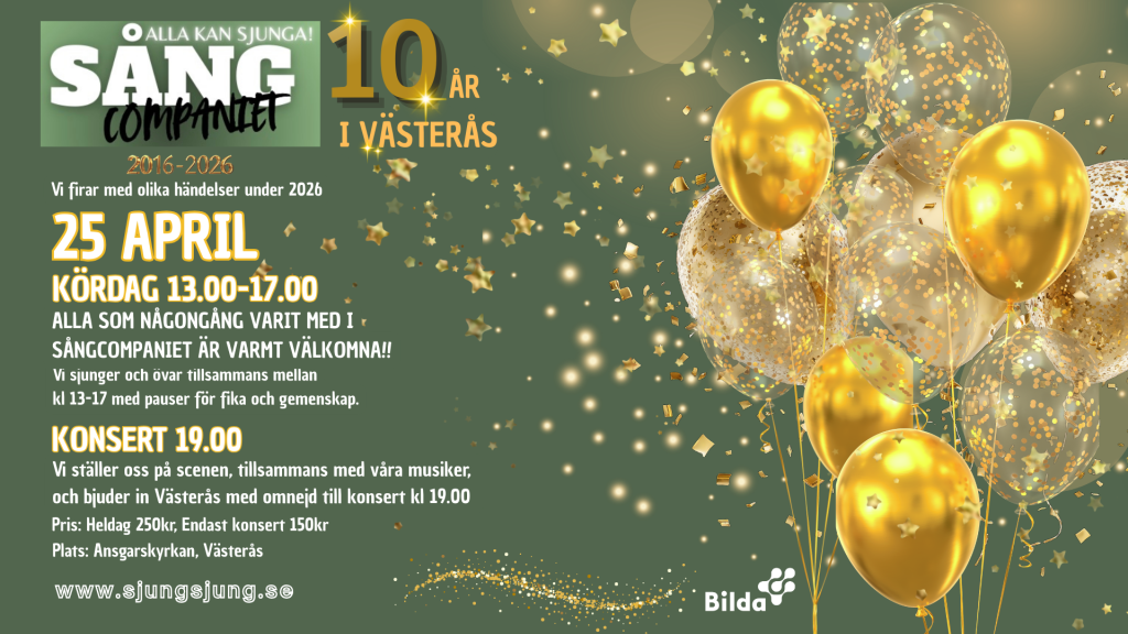 Guldfärgade ballonger och konfetti mot grön bakgrund, med svensk text om en körs 10-årsjubileum.