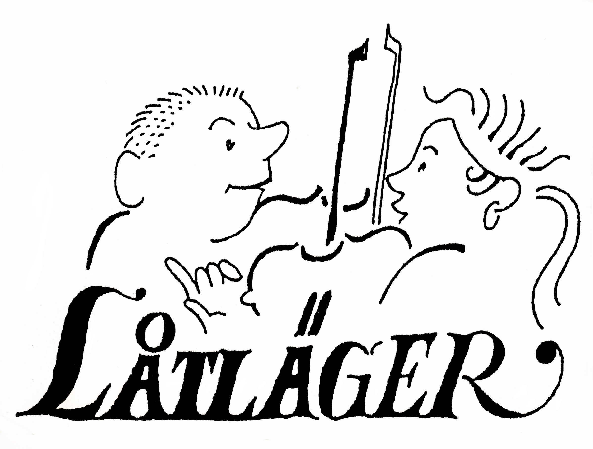 Linjeteckning av två personer som sjunger från ett notblad ovanför ordet "LÅTLÄGER" i fet, stiliserad text.