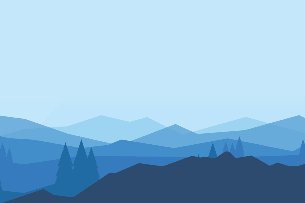 Minimalistisk illustration av skiktade blå berg med tallar under en ljusblå himmel.