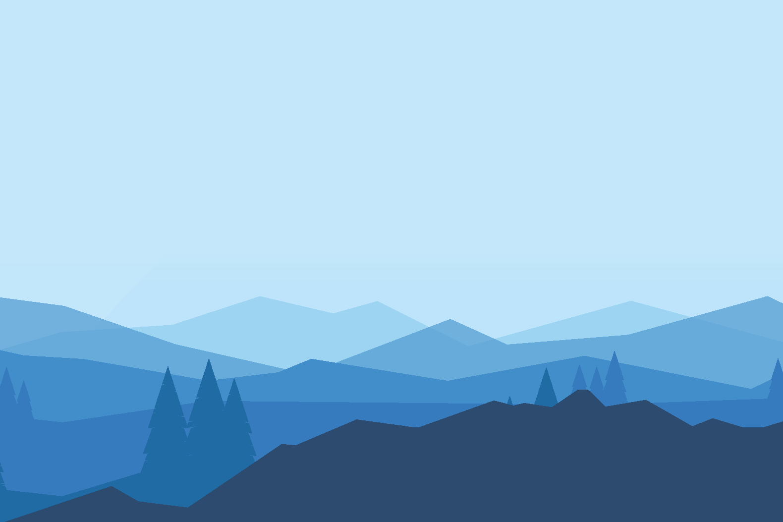 Minimalistisk illustration av skiktade blå berg med tallar under en ljusblå himmel.