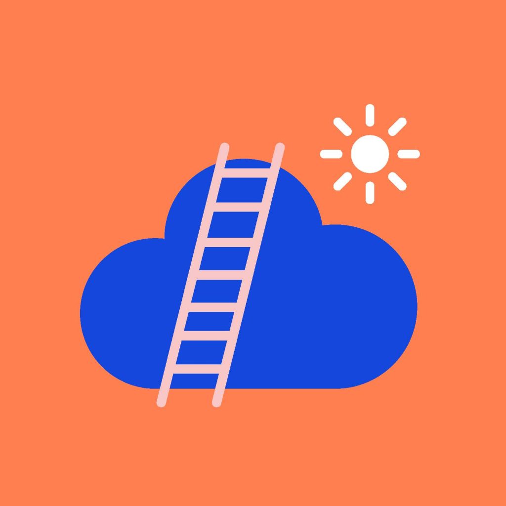 Ett blått moln med en rosa stege lutad mot sig och en vit sol i hörnet, på en orange bakgrund.