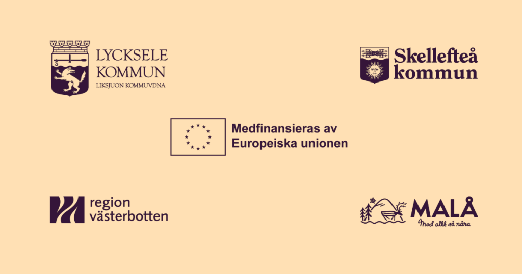 Logotyper för Lycksele, Skellefteå, Region Västerbotten, Malå och Europeiska unionen på beige bakgrund.