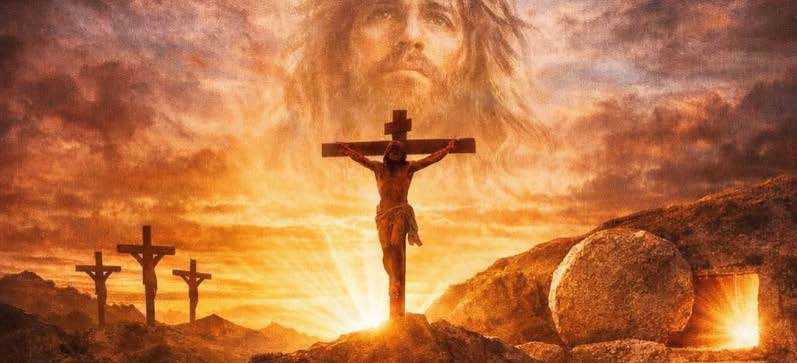 Tre kors i solnedgången; en lysande figurs ansikte på himlen, med en tom grav och sten i närheten.