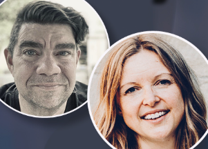 En man med mörkt hår och en kvinna med ljust hår, båda leende, visas i cirkulära ramar.