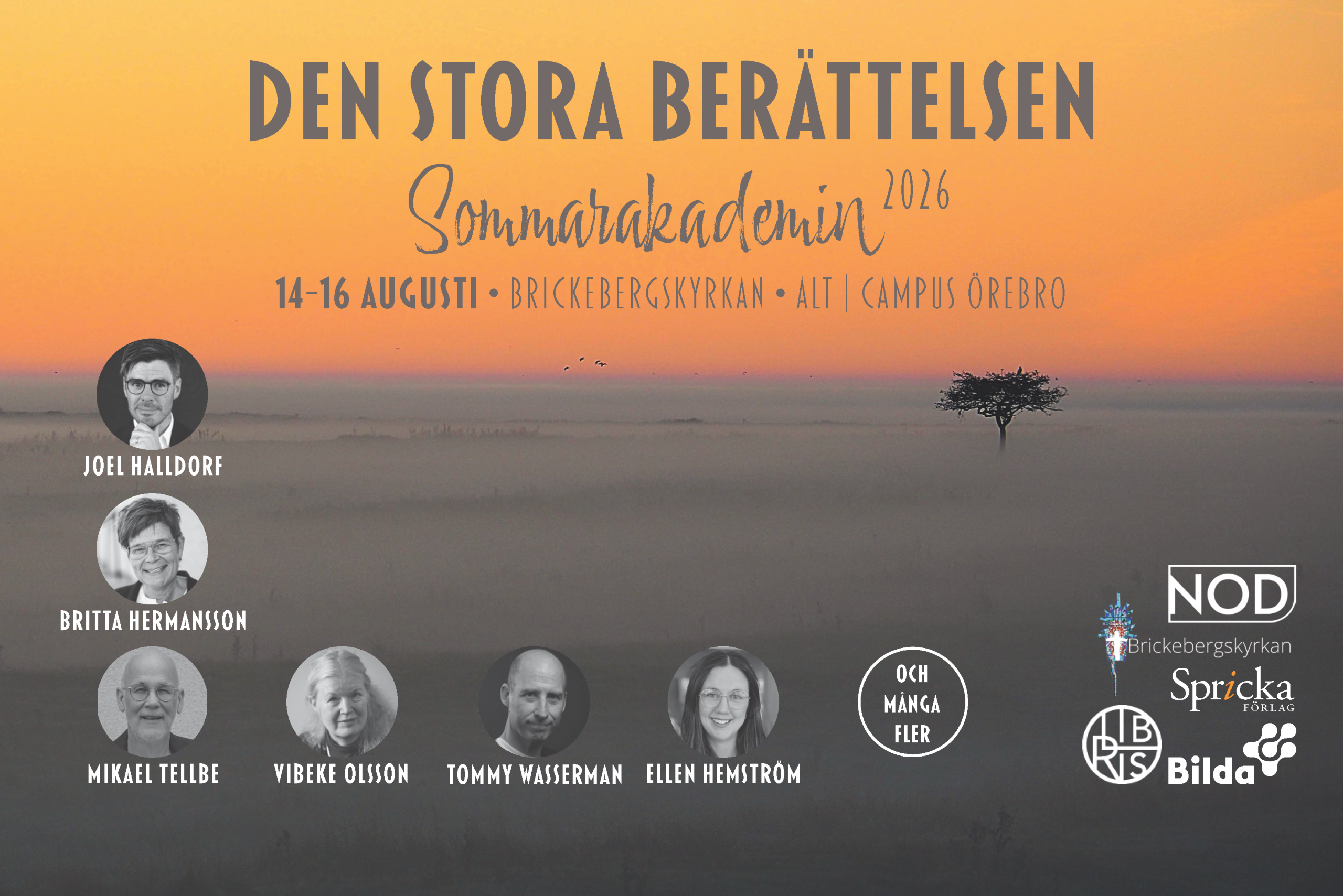 Evenemangsaffisch med foton på talare, evenemangets namn, datum 14-16 augusti 2026 och logotyper på en dimmig trädbakgrund.