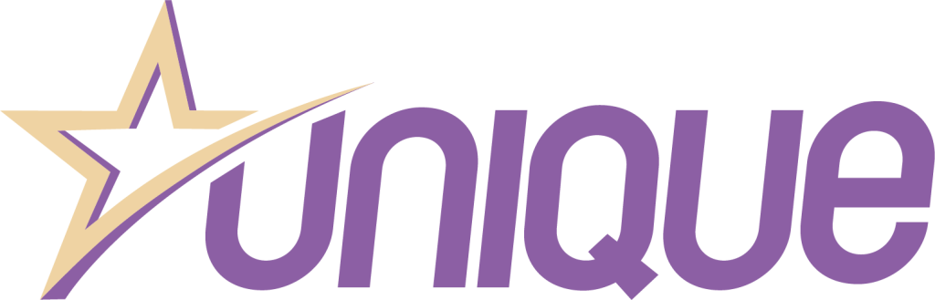 Ordet "unique" i lila med en stiliserad stjärna i guld och vitt på vänster sida.