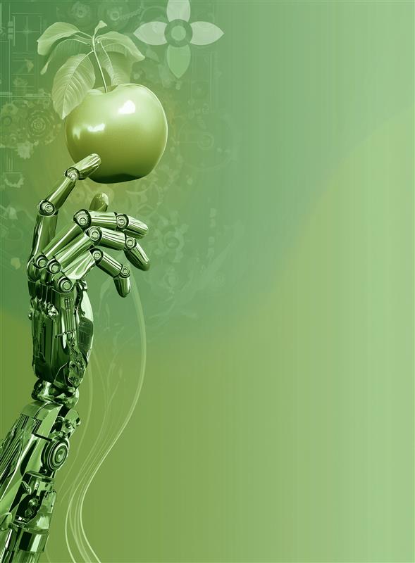 En robothand håller i ett grönt äpple mot en futuristisk, gröntonad bakgrund.