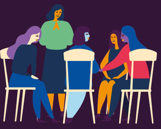 Illustration av fem kvinnor som sitter i en cirkel och deltar i en stödjande gruppdiskussion.