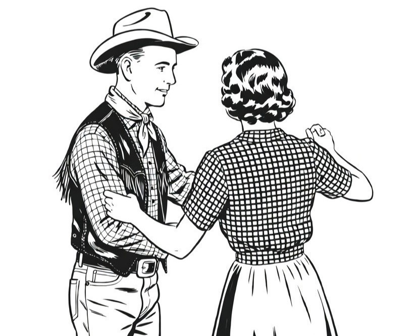 En man i cowboydräkt och en kvinna i rutig klänning håller varandra i handen och dansar tillsammans.