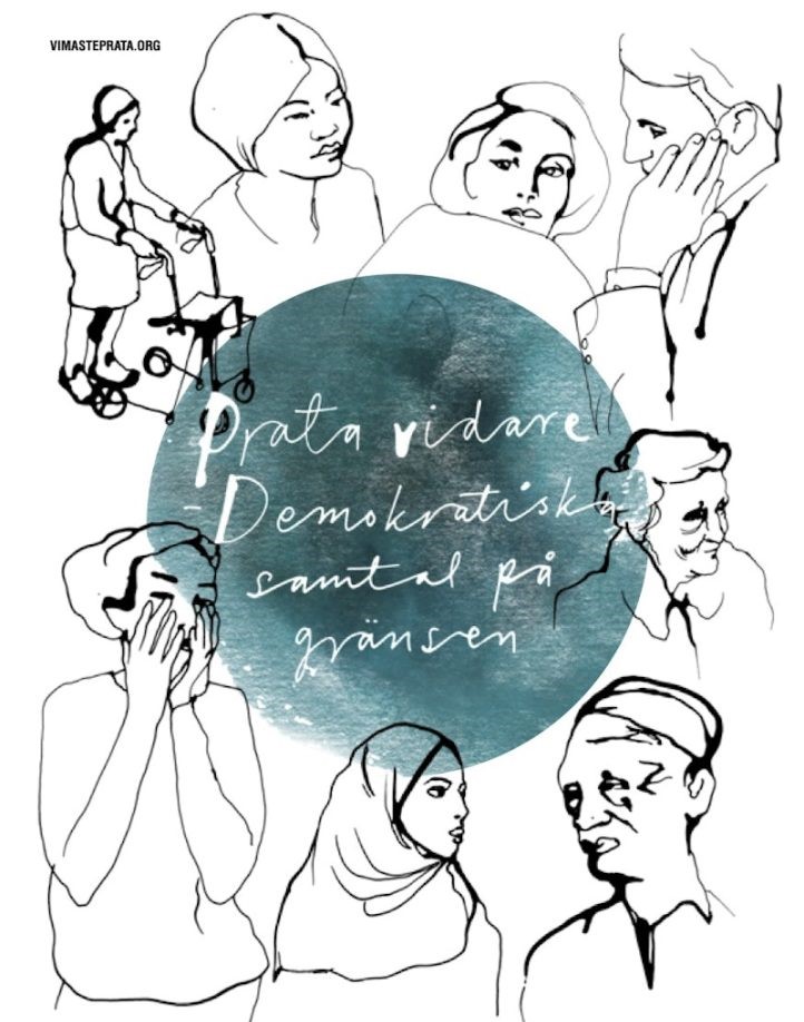 Linjeteckningar av människor som pratar och lyssnar, med svensk text i mitten över en blågrön cirkel.