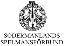 Svartvit logotyp med violin och lagerkrans, "Södermanlands Spelmansförbund" skrivet under.