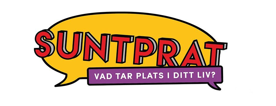 Gul pratbubbla med "SUNTPRAT" i fetstil och "Vad tar plats i ditt liv?" i en lila ruta under.