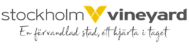 Logotyp för Stockholm Vineyard med ett gult "V" och svensk text: "En förvandlad stad, ett hjärta i taget".