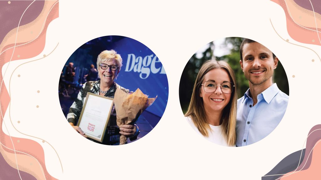 Vänster: Leende kvinna med blommor och ett certifikat i handen. Till höger: En leende man och kvinna poserar tillsammans utomhus.