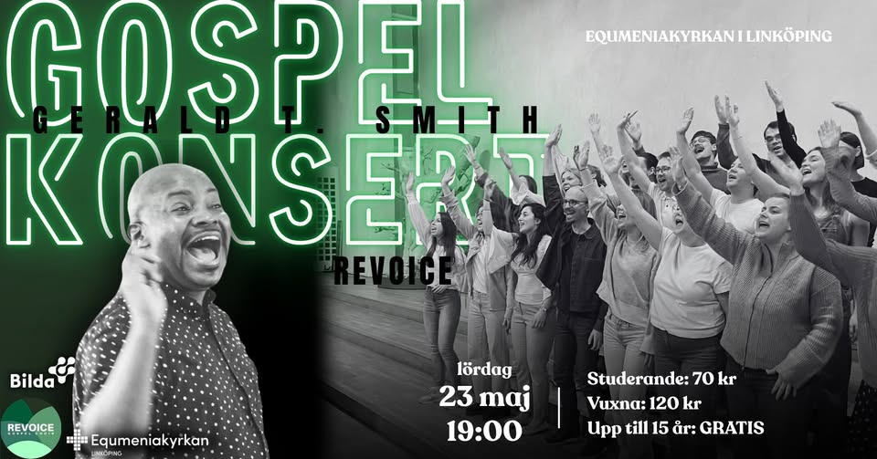 Man sjunger glatt till vänster; gospelkör uppträder till höger; konsertinformation på svenska överlagrad.