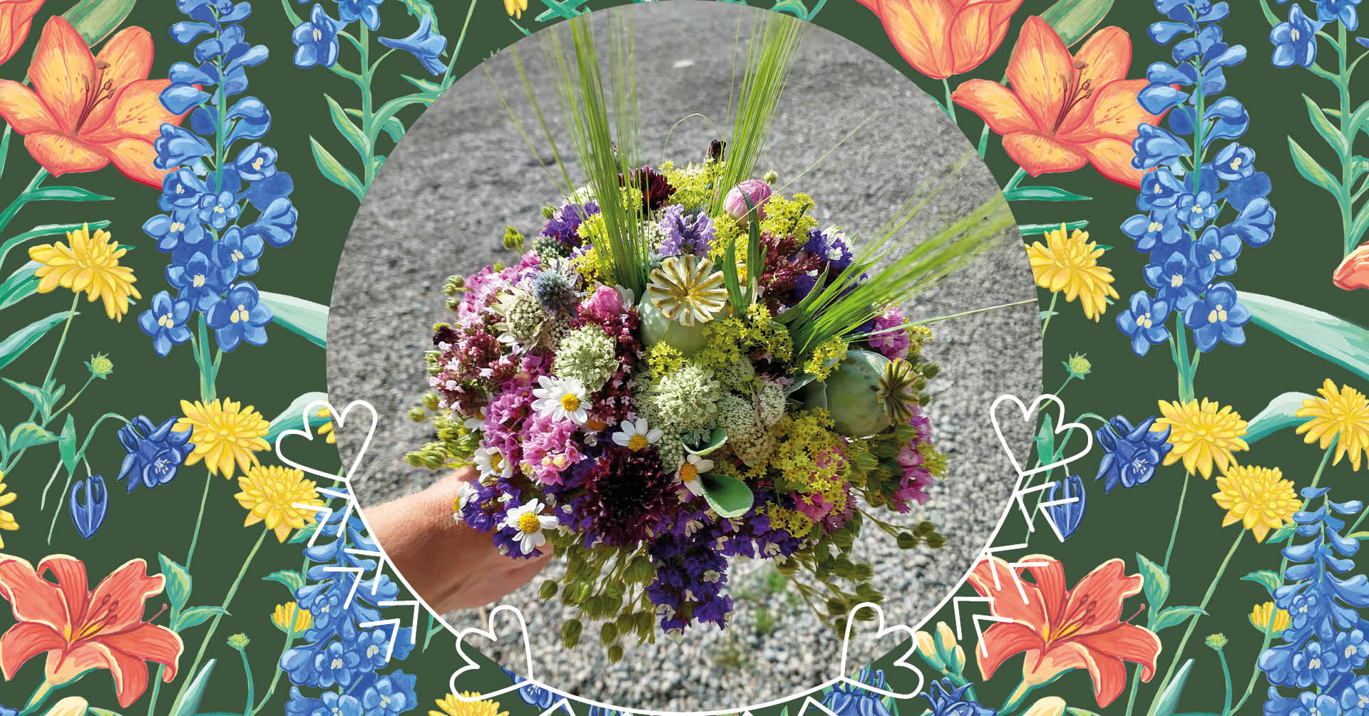 Hand som håller i en bukett med vilda blommor, omgiven av en blommig illustrerad ram på en grön bakgrund.