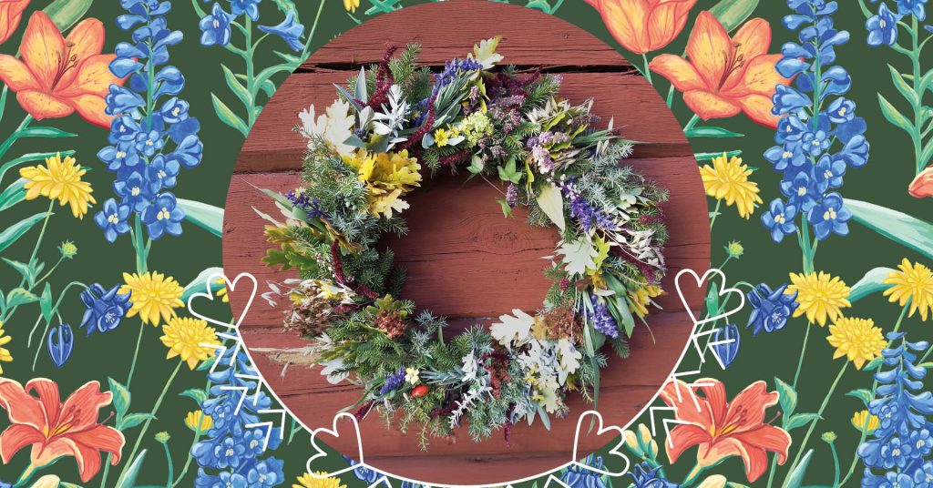 En lövkrans på en röd träbakgrund, omgiven av en kant med färgglada illustrerade blommor och hjärtan.