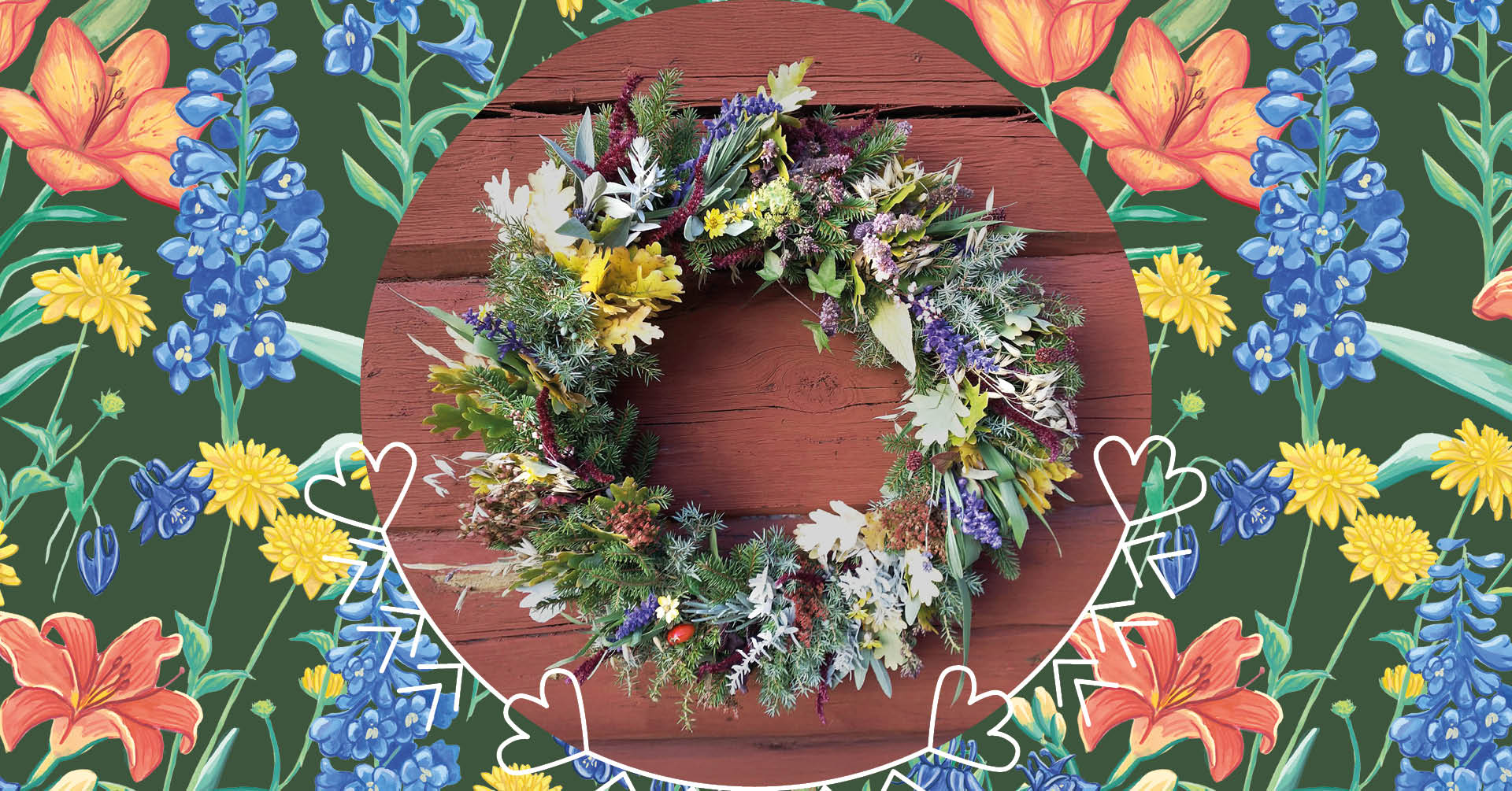 En lövkrans på en röd träbakgrund, omgiven av en kant med färgglada illustrerade blommor och hjärtan.