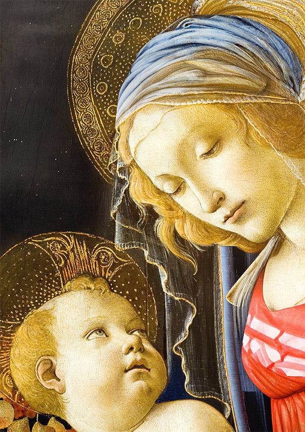 En renässansmålning av Madonna och barnet med gyllene glorior och intrikata detaljer.