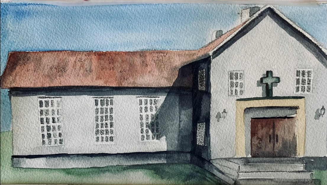 En målning av en kyrka med ett kors på dörren.
