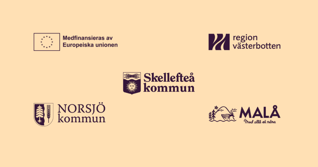 Fem svenska kommun- och EU-logotyper på beige bakgrund, med text och symboler för respektive organisation.