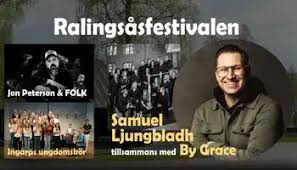 Affisch för Ralingsåsfestivalen med foton på artisterna Jon Peterson & Folk, Ingvars ungdomskör och Samuel Ljungblahd.
