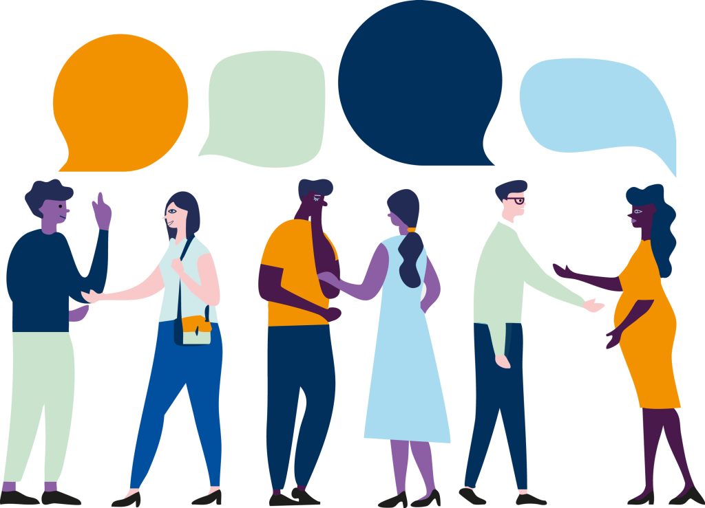 En grupp människor som pratar med varandra.