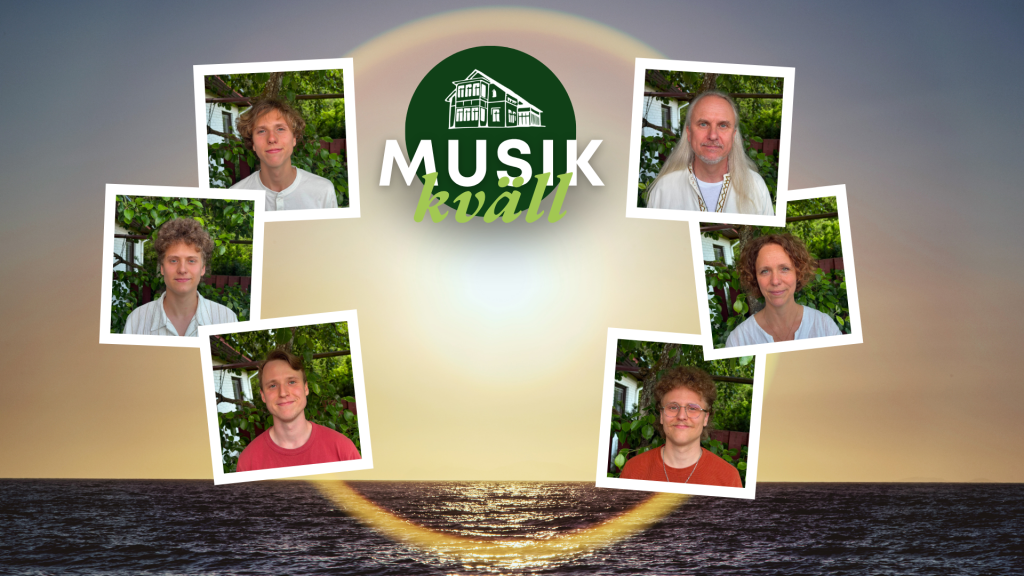 Sex personer i fotoramar runt en ”Musik Kväll”-logotyp, med en solnedgång över havet i bakgrunden.