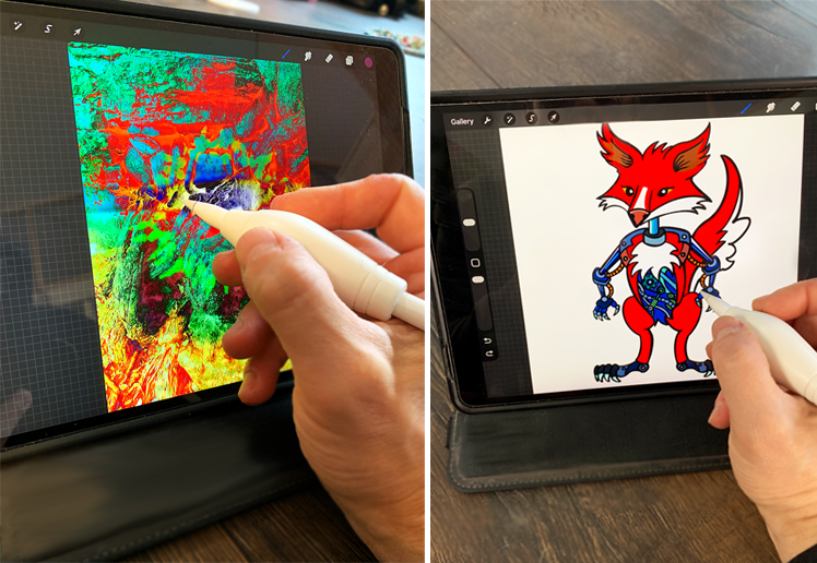 Delad bild: en hand ritar abstrakt konst på en surfplatta till vänster och en tecknad räv på en surfplatta till höger, båda med en stylus.