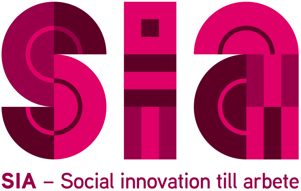 Stora rosa bokstäver "SIA" med text under: "SIA - Social innovation till arbete".