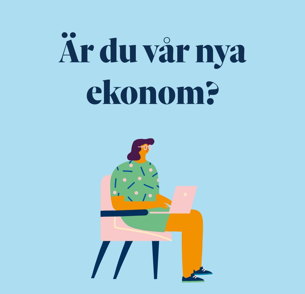 Person med laptop sitter på stol under texten "Är du vår nya ekonom?" och Bilda-logotypen syns.