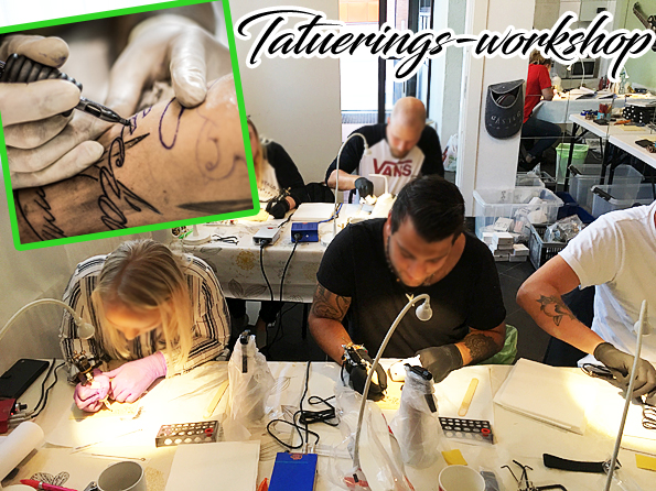 Flera personer utövar tatuering vid en workshop; infälld bild visar en närbild av en tatuerad arm.