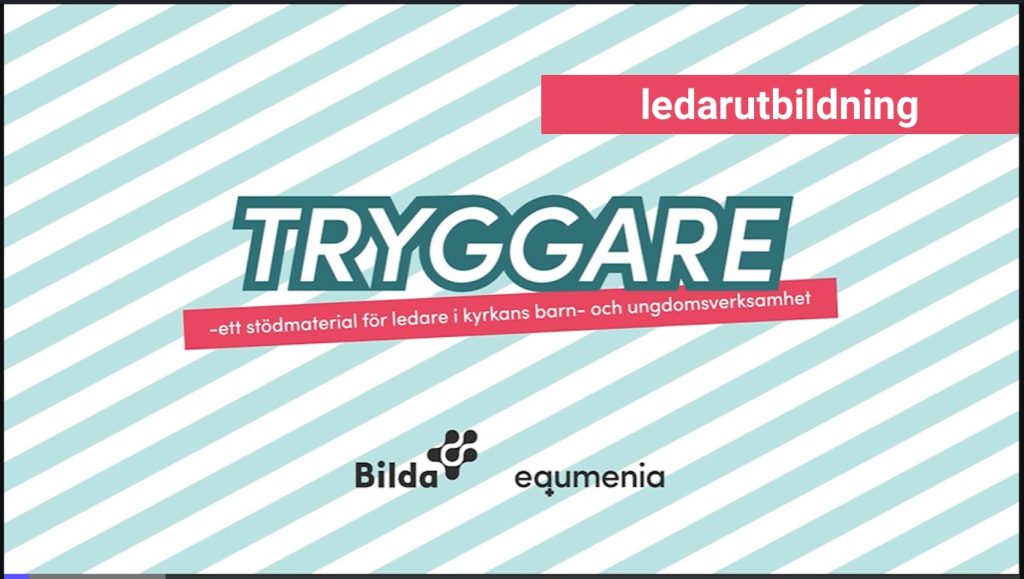 Textgrafik med "TRYGGARE" och "ledarutbildning" på svenska samt Bilda- och equmenia-logotyper på randig bakgrund.