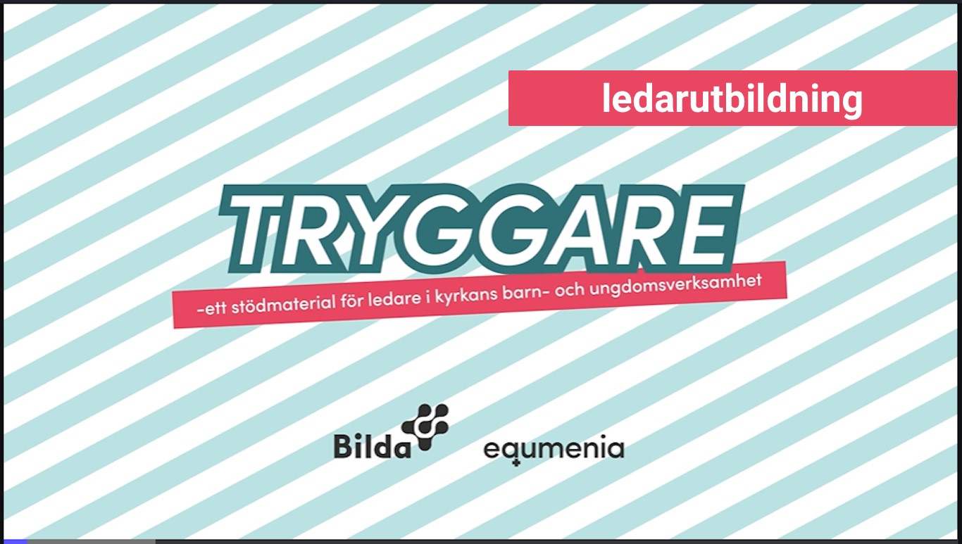 Textgrafik med "TRYGGARE" och "ledarutbildning" på svenska samt Bilda- och equmenia-logotyper på randig bakgrund.