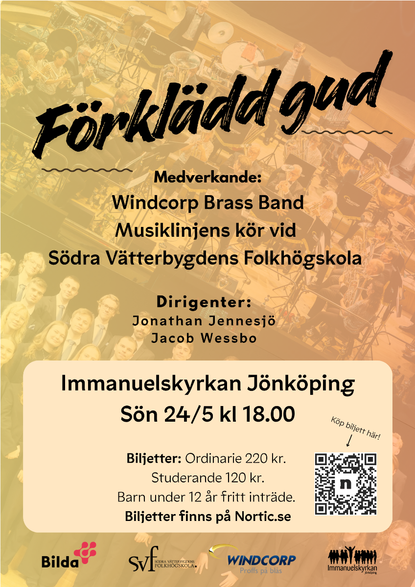 Affisch för konsert med körer och brassband i Immanuelskyrkan Jönköping den 24 maj kl. 18.00.