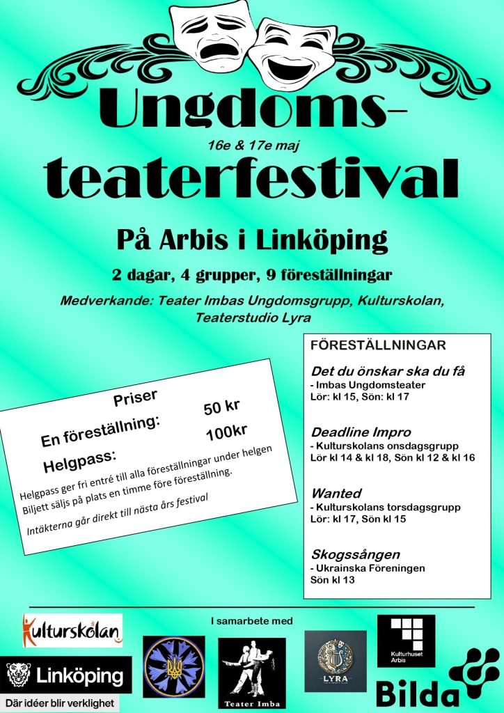 Affisch för "Ungdomsteaterfestival" i Linköping med information om evenemanget, priser och logotyper för samarbetspartners.